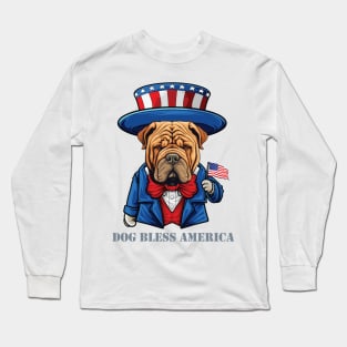 Funny 4th of July Chinese Shar Pei Dog Bless America Long Sleeve T-Shirt